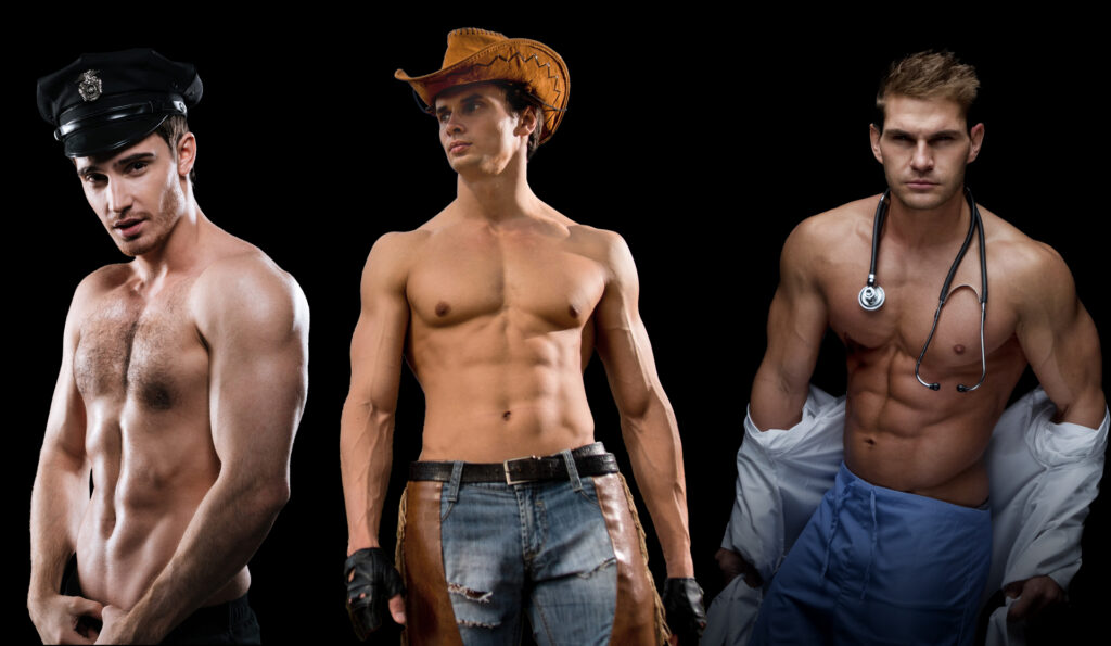 male revue costume cop, cowboy and doctor